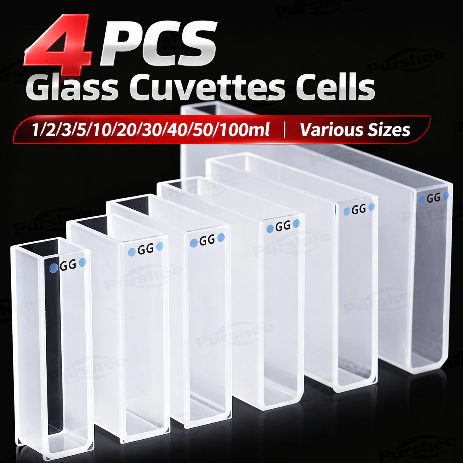 Lab Equipment - 4 cuvettes en verre, tailles variées